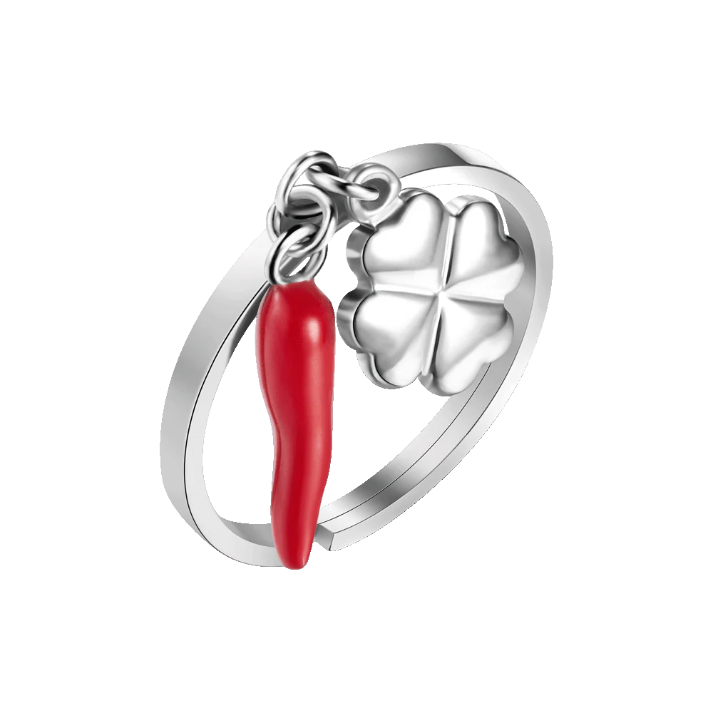 ANELLO DONNA IN ACCIAIO CON CORNO ROSSO E QUADRIFOGLIO