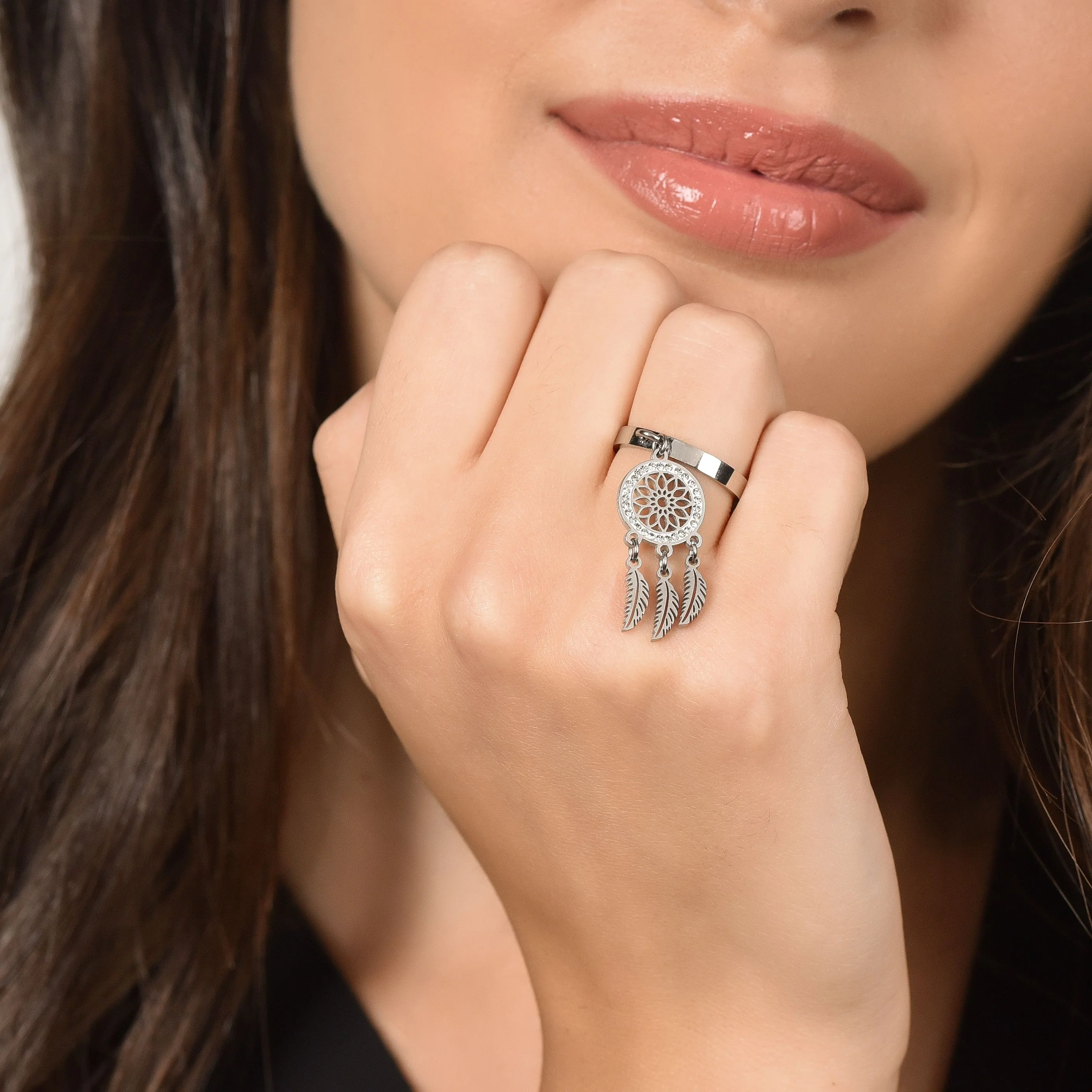 ANELLO DONNA IN ACCIAIO CON ACCHIAPPASOGNI CON CRISTALLI BIANCHI - Image 2