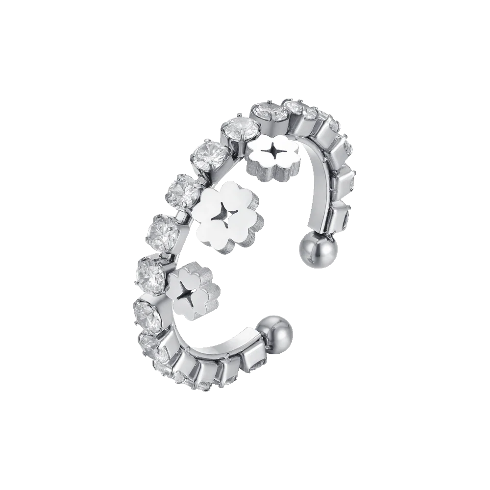 ANELLO DONNA IN ACCIAIO CON CRISTALLI BIANCHI E QUADRIFOGLI