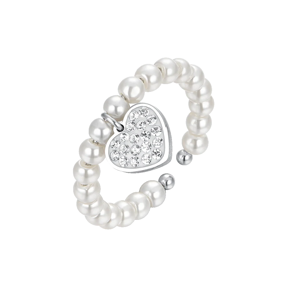 ANELLO DONNA IN ACCIAIO CON PERLE SINTETICHE E CUORE CON CRISTALLI BIANCHI