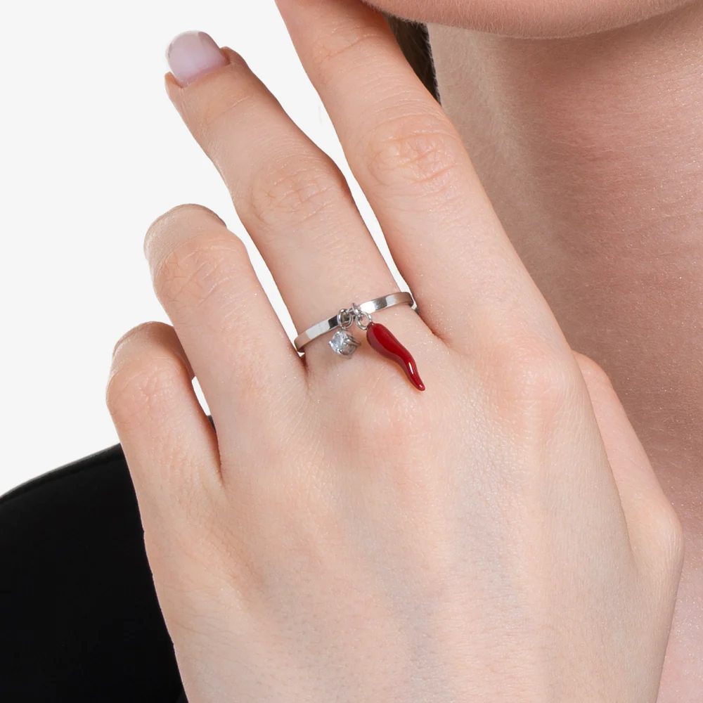 ANELLO DONNA IN ACCIAIO CON CORNO ROSSO E PUNTO LUCE - Image 2