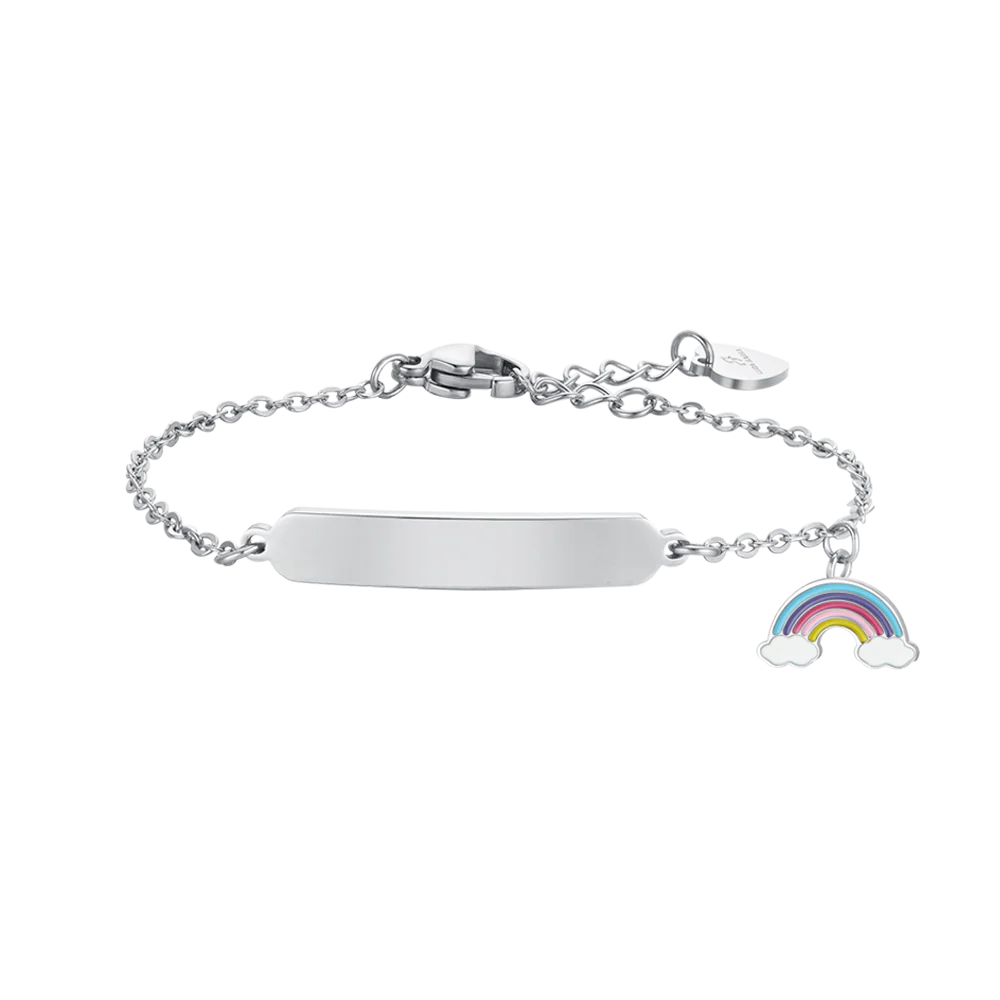 BRACCIALE BAMBINA IN ACCIAIO CON ARCOBALENO E PIASTRA