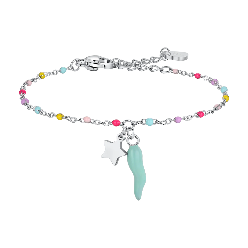 BRACCIALE BAMBINA IN ACCIAIO CON CORNO TURCHESE, STELLA ED ELEMENTI MULTICOLOR