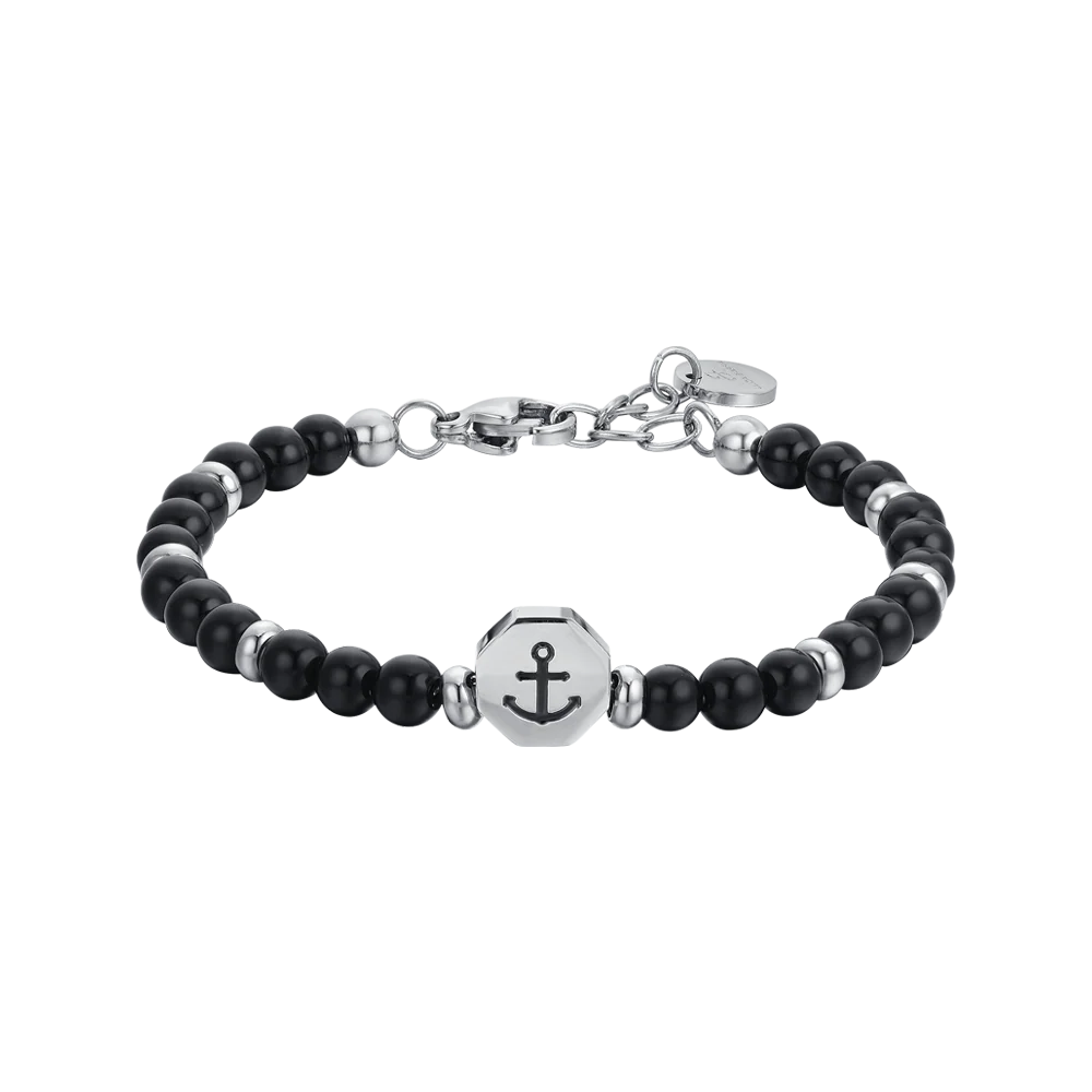BRACCIALE BAMBINO IN ACCIAIO ANCORA CON PIETRE NERE