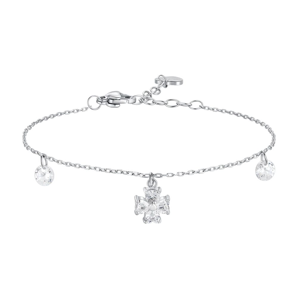BRACCIALE DONNA CON PENDENTE QUADRIFOGLIO CON PETALI ZIRCONE BIANCO