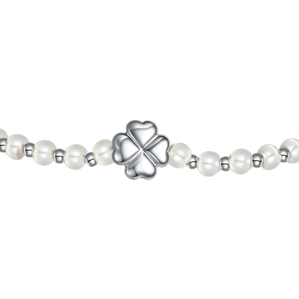 BRACCIALE DONNA CON QUADRIFOGLIO IN ACCIAIO E PERLE SINTETICHE BIANCHE - Image 4