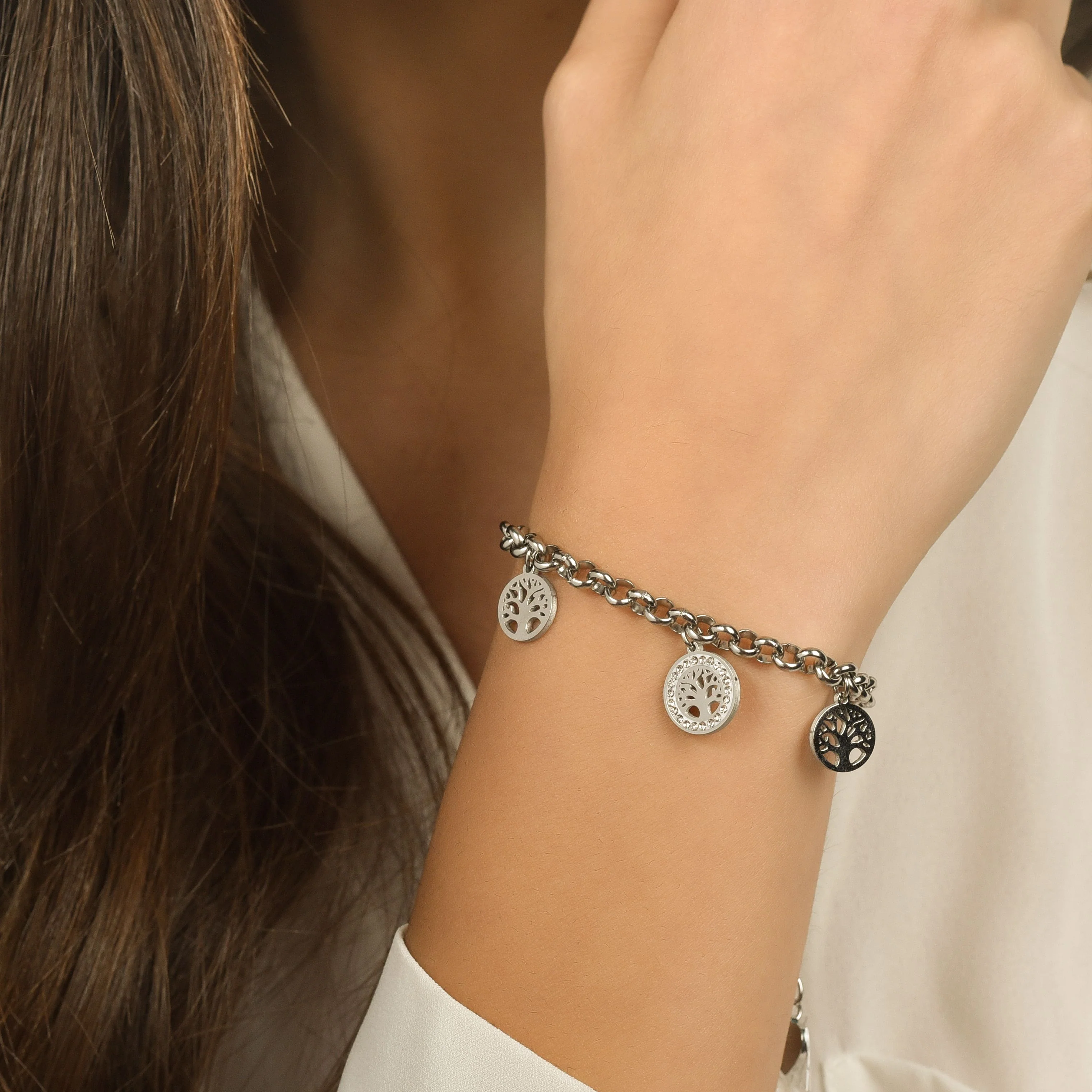 BRACCIALE DONNA IN ACCIAIO CON ALBERO DELLA VITA E CRISTALLI BIANCHI - Image 2
