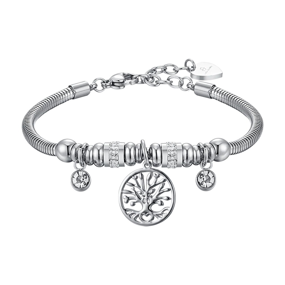 BRACCIALE DONNA IN ACCIAIO CON ALBERO DELLA VITA E CRISTALLI BIANCHI