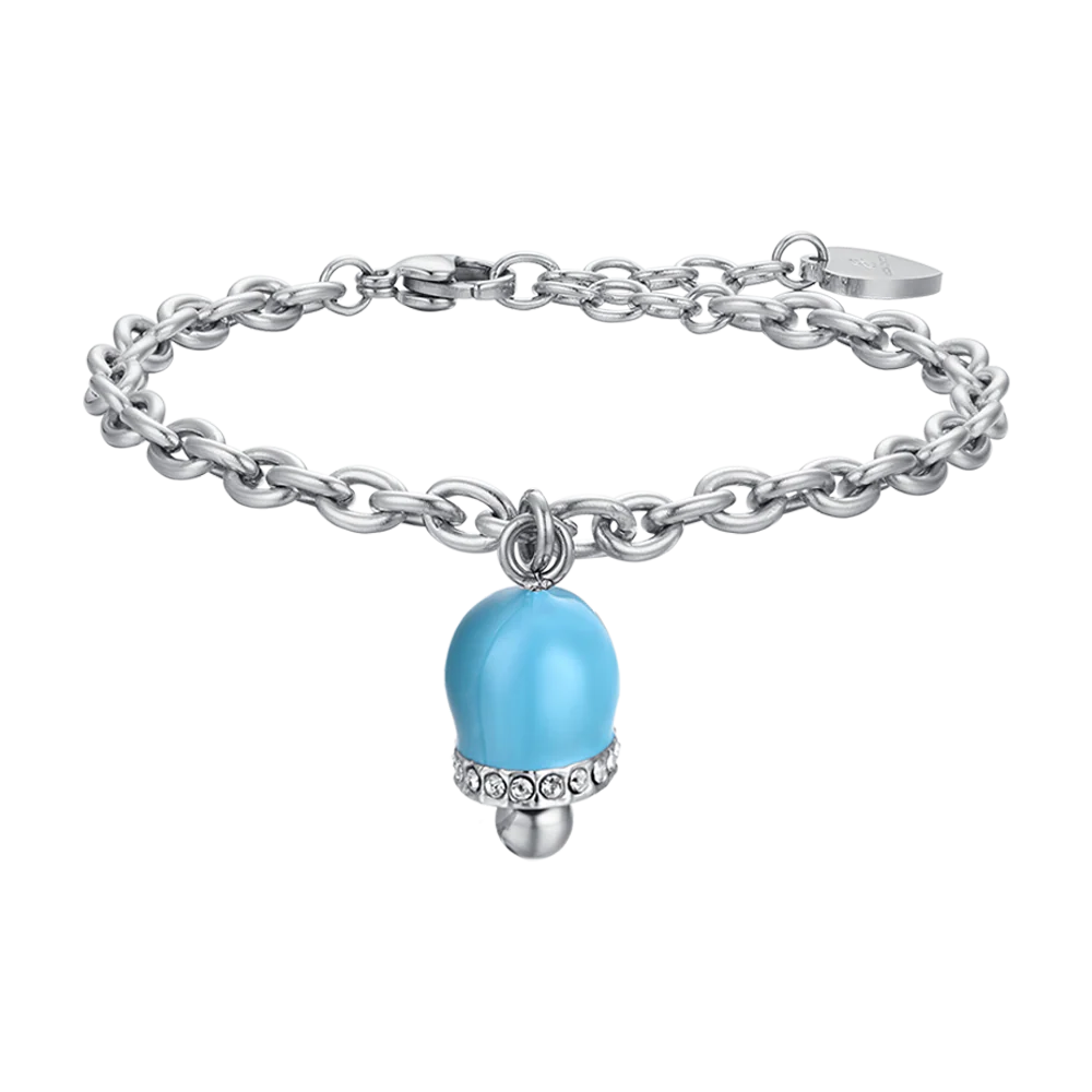 BRACCIALE DONNA IN ACCIAIO CON CAMPANELLA CON SMALTO TURCHESE E CRISTALLI