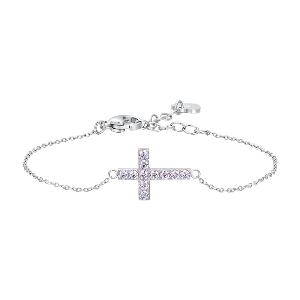 BRACCIALE DONNA IN ACCIAIO CON CROCE E ZIRCONI ROSA