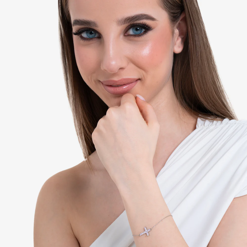 BRACCIALE DONNA IN ACCIAIO CON CROCE E ZIRCONI ROSA - Image 3