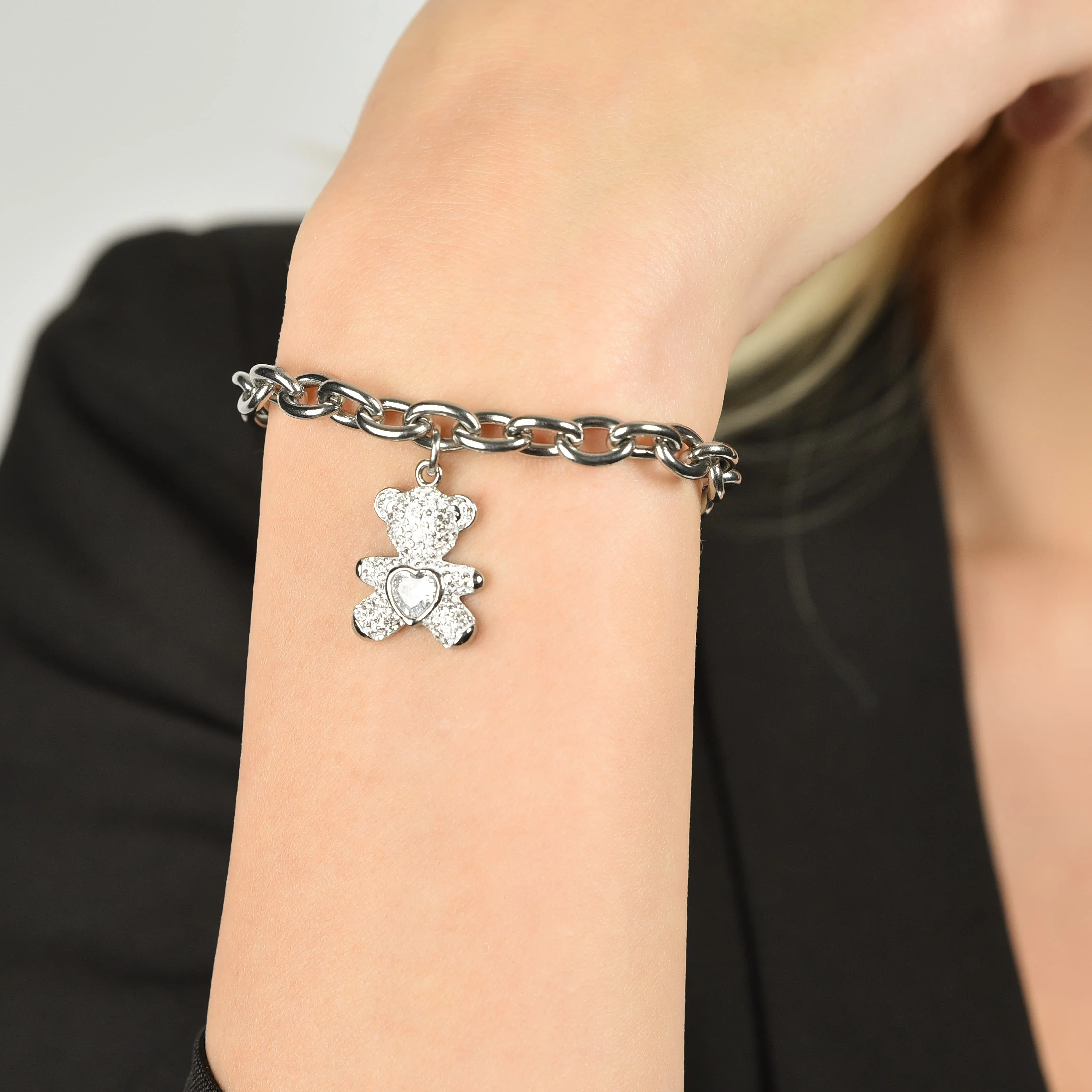BRACCIALE DONNA IN ACCIAIO CON ORSETTO CON CRISTALLI BIANCHI - Image 2