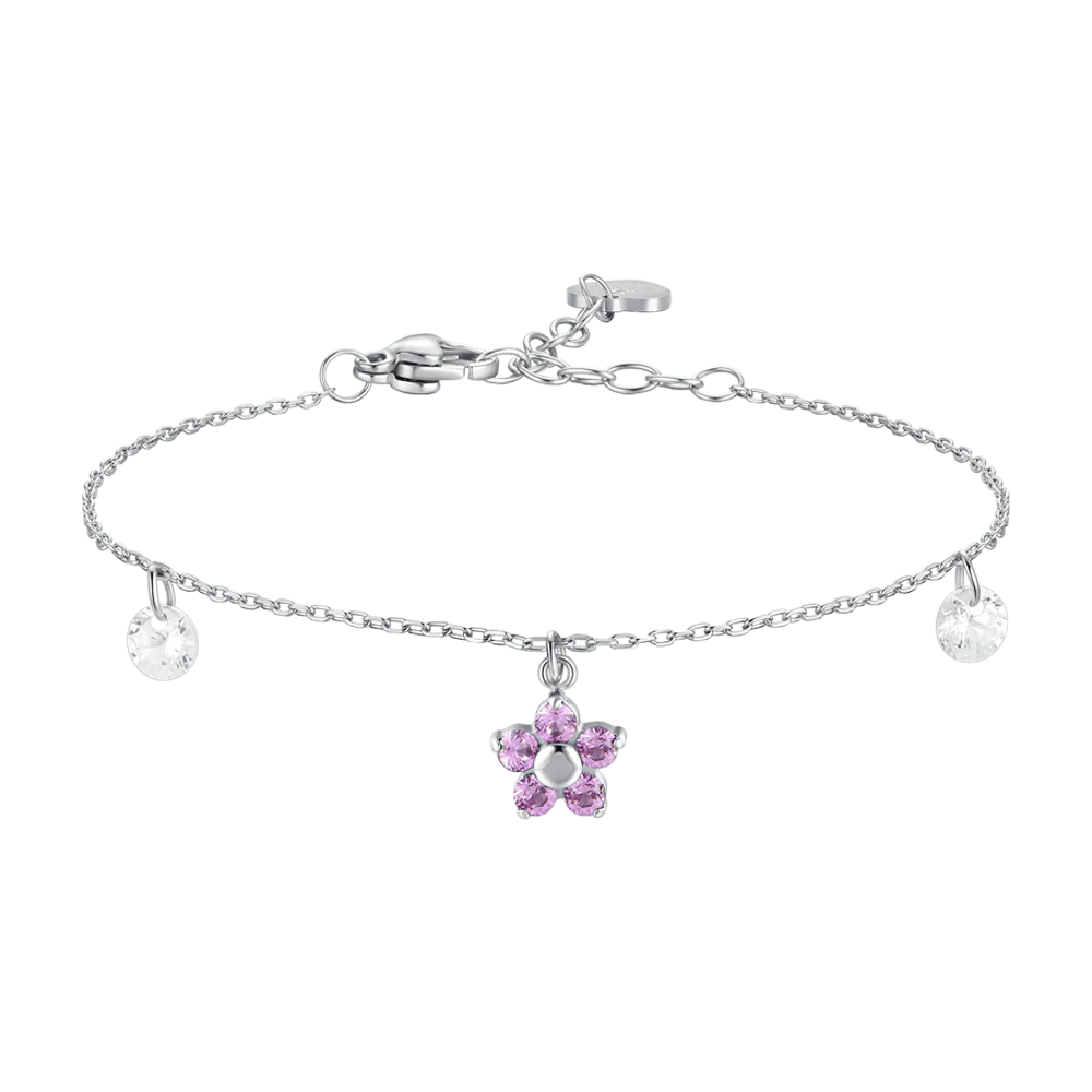 BRACCIALE DONNA IN ACCIAIO CON PENDENTE FIORE E PETALI ZIRCONE ROSA