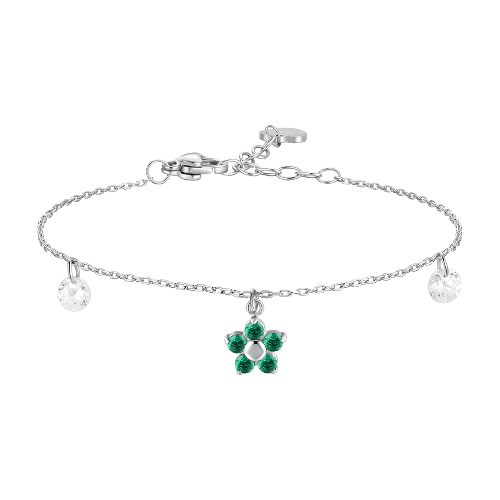 BRACCIALE DONNA IN ACCIAIO CON PENDENTE FIORE E PETALI ZIRCONE VERDE
