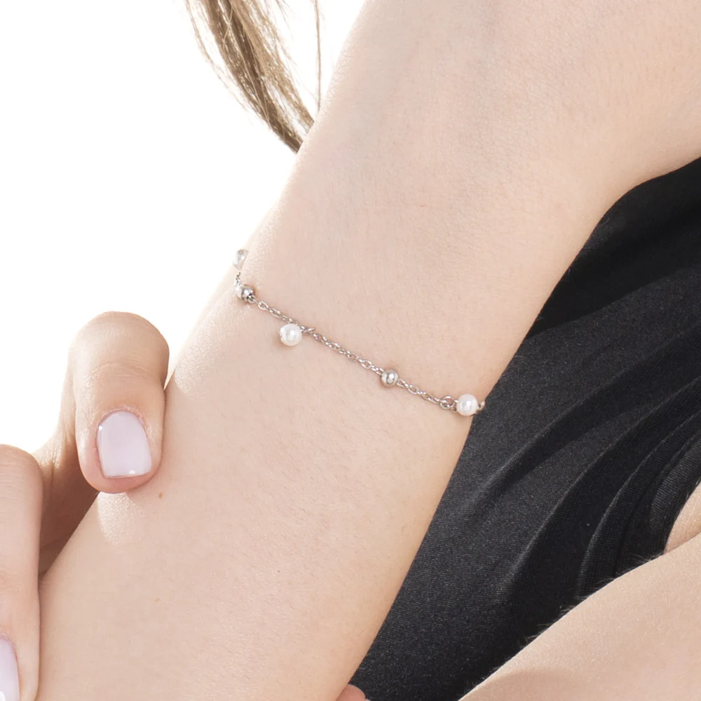 BRACCIALE DONNA IN ACCIAIO CON PERLE BIANCHE - Image 2
