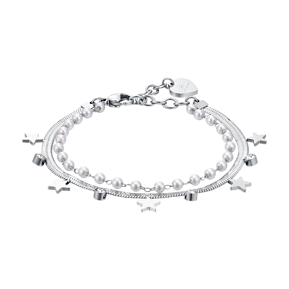 BRACCIALE DONNA IN ACCIAIO CON PERLE BIANCHE, STELLE E CRISTALLI