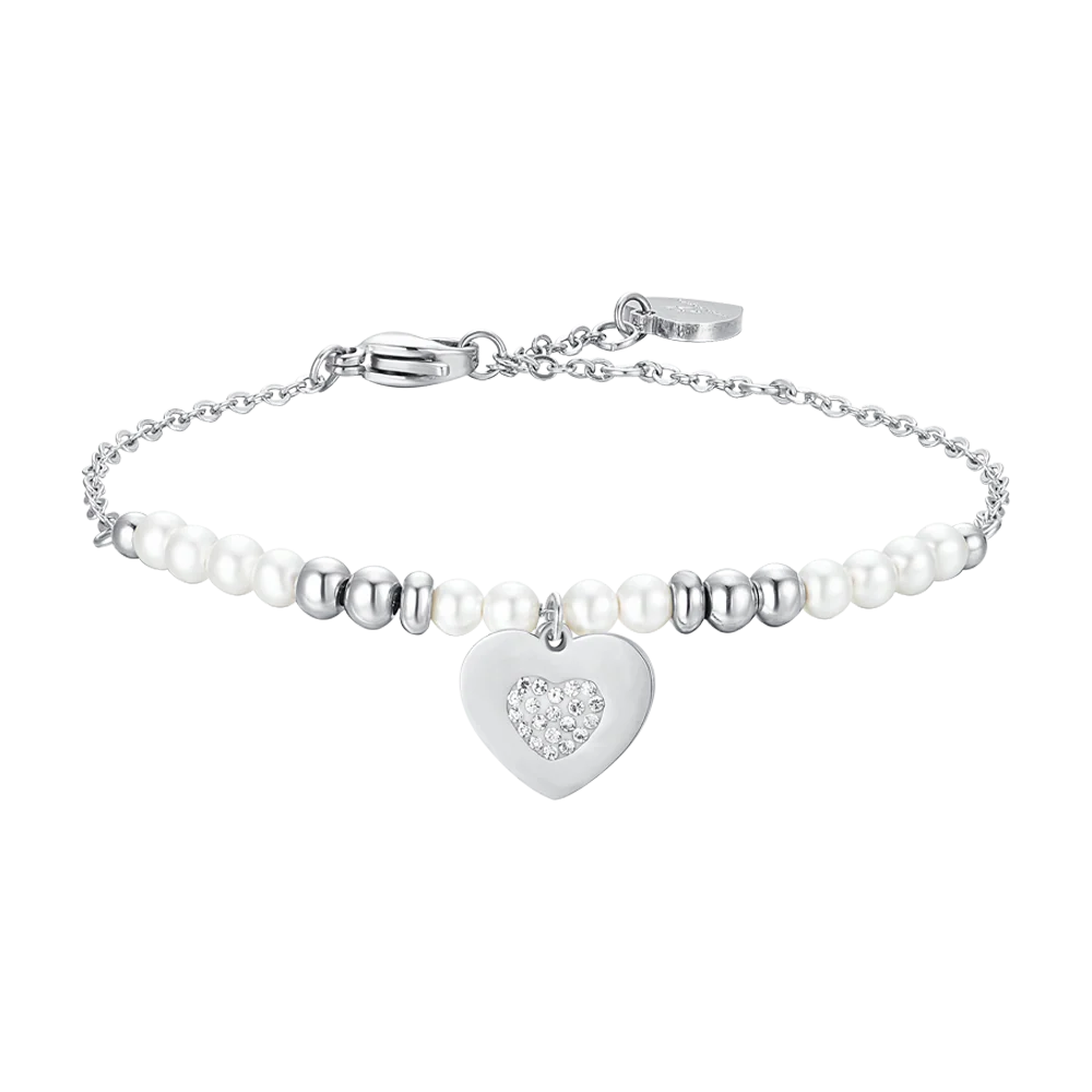 BRACCIALE DONNA IN ACCIAIO CON PERLE SINTETICHE E CUORE