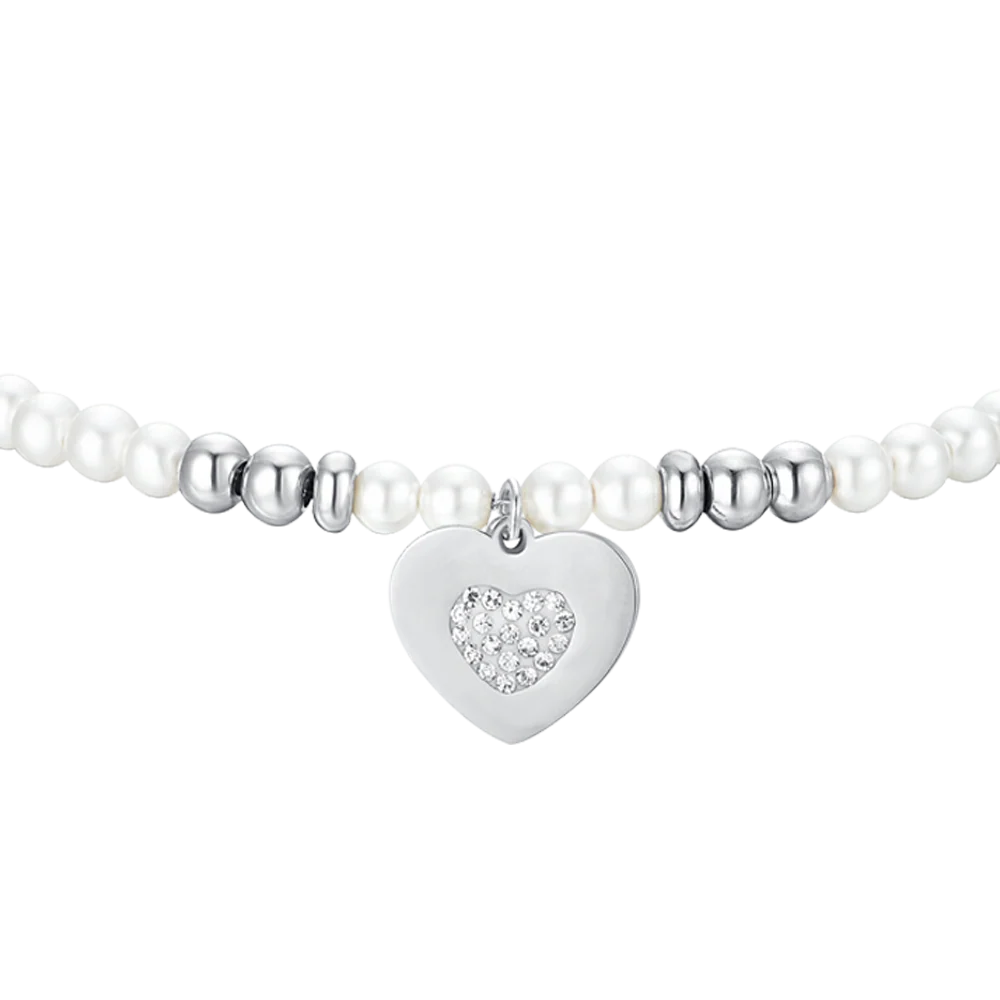 BRACCIALE DONNA IN ACCIAIO CON PERLE SINTETICHE E CUORE - Image 4