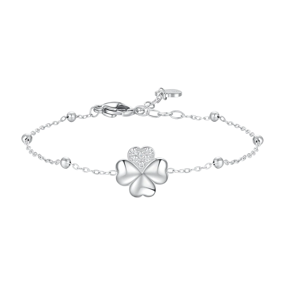BRACCIALE DONNA IN ACCIAIO CON QUADRIFOGLIO E PUNTI LUCE DI ZIRCONE BIANCO