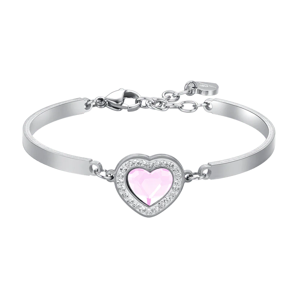 BRACCIALE DONNA IN ACCIAIO CUORE CRISTALLO ROSA E CRISTALLI BIANCHI