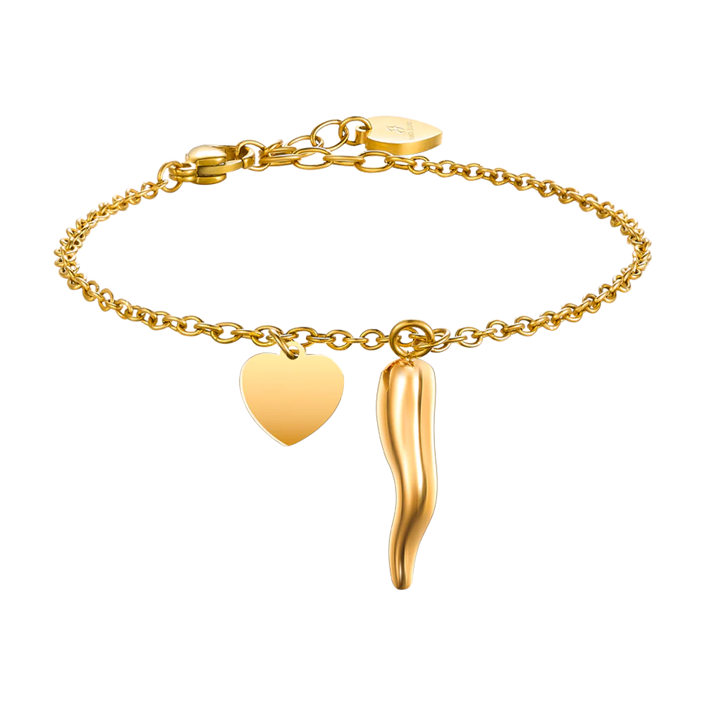 BRACCIALE DONNA IN ACCIAIO E IP GOLD CON CORNO E CUORE