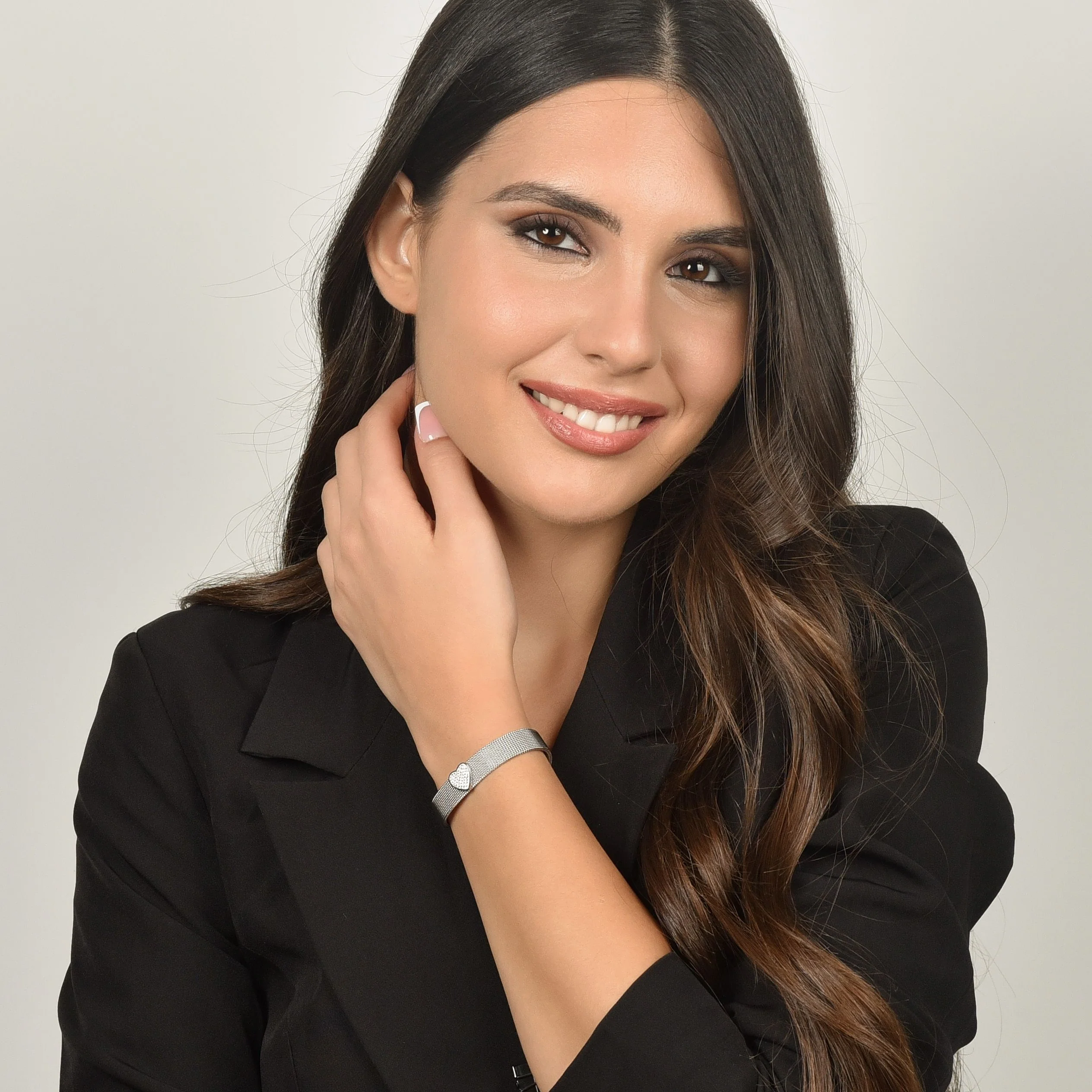 BRACCIALE DONNA IN ACCIAIO MAGLIA MILANO CON CUORE CON CRISTALLI BIANCHI - Image 3