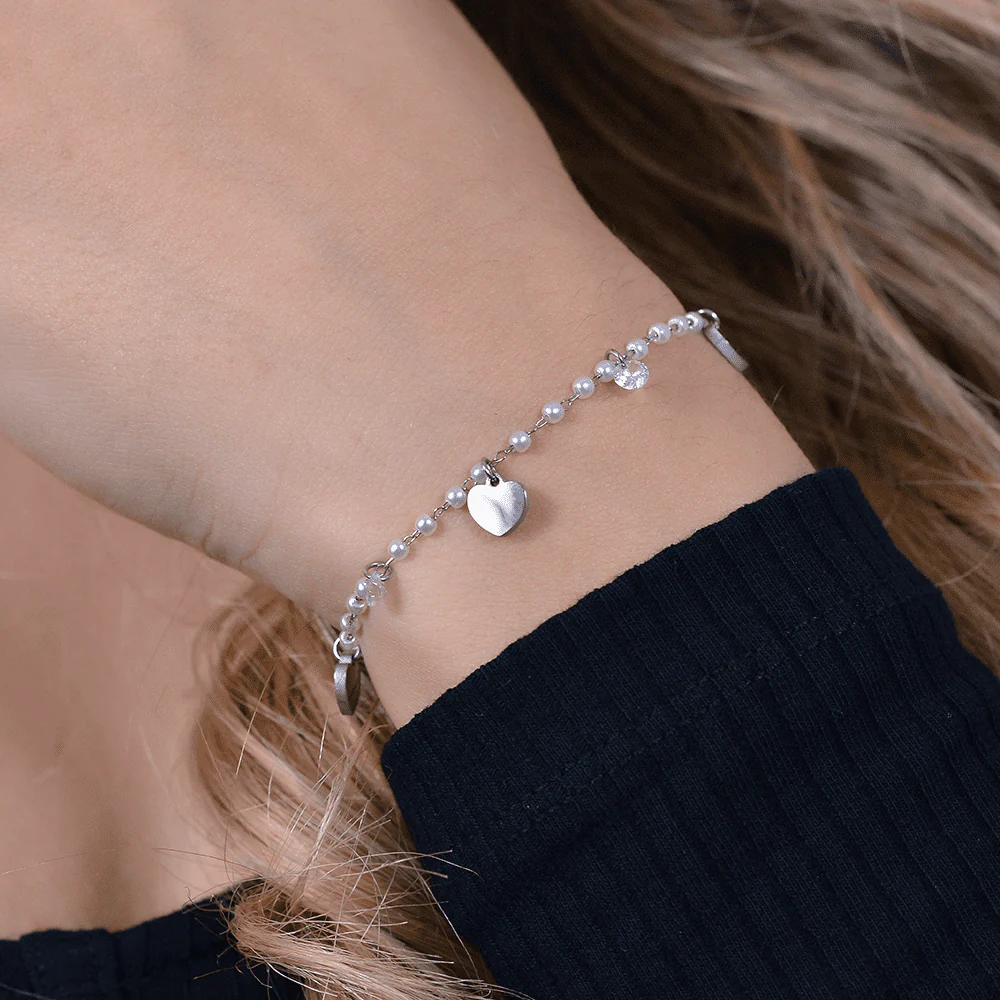 BRACCIALE DONNA IN ACCIAIO PERLE CON CUORI - Image 2