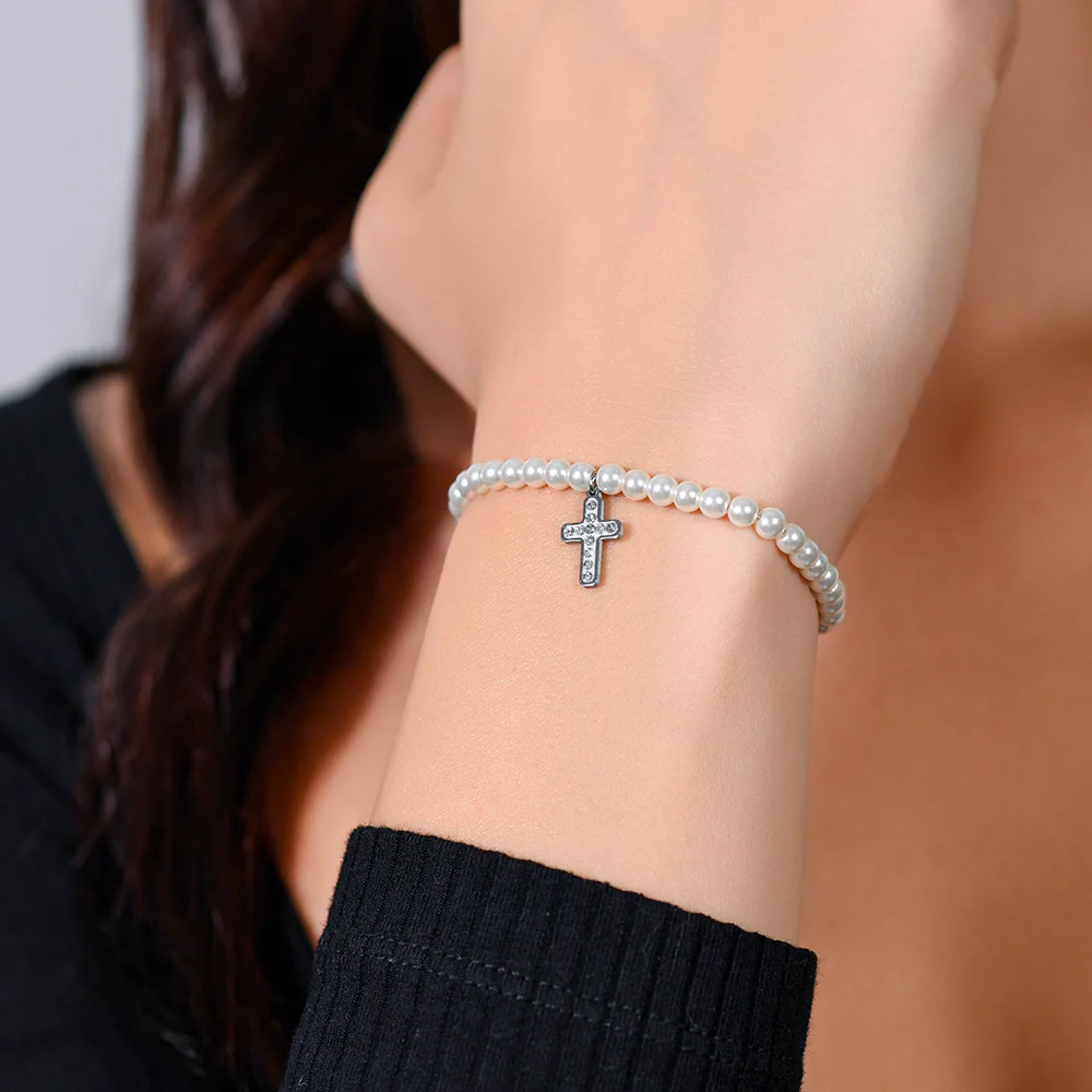 BRACCIALE DONNA IN ACCIAIO PERLE SINTETICHE E CROCE - Image 2