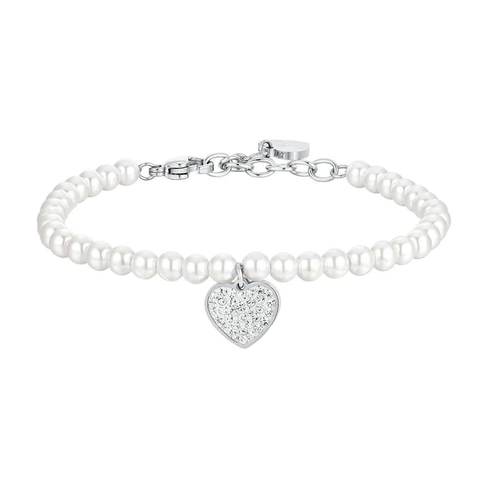 BRACCIALE DONNA IN ACCIAIO PERLE SINTETICHE E CUORE