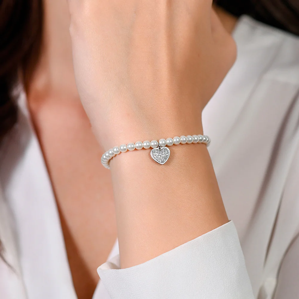 BRACCIALE DONNA IN ACCIAIO PERLE SINTETICHE E CUORE - Image 2