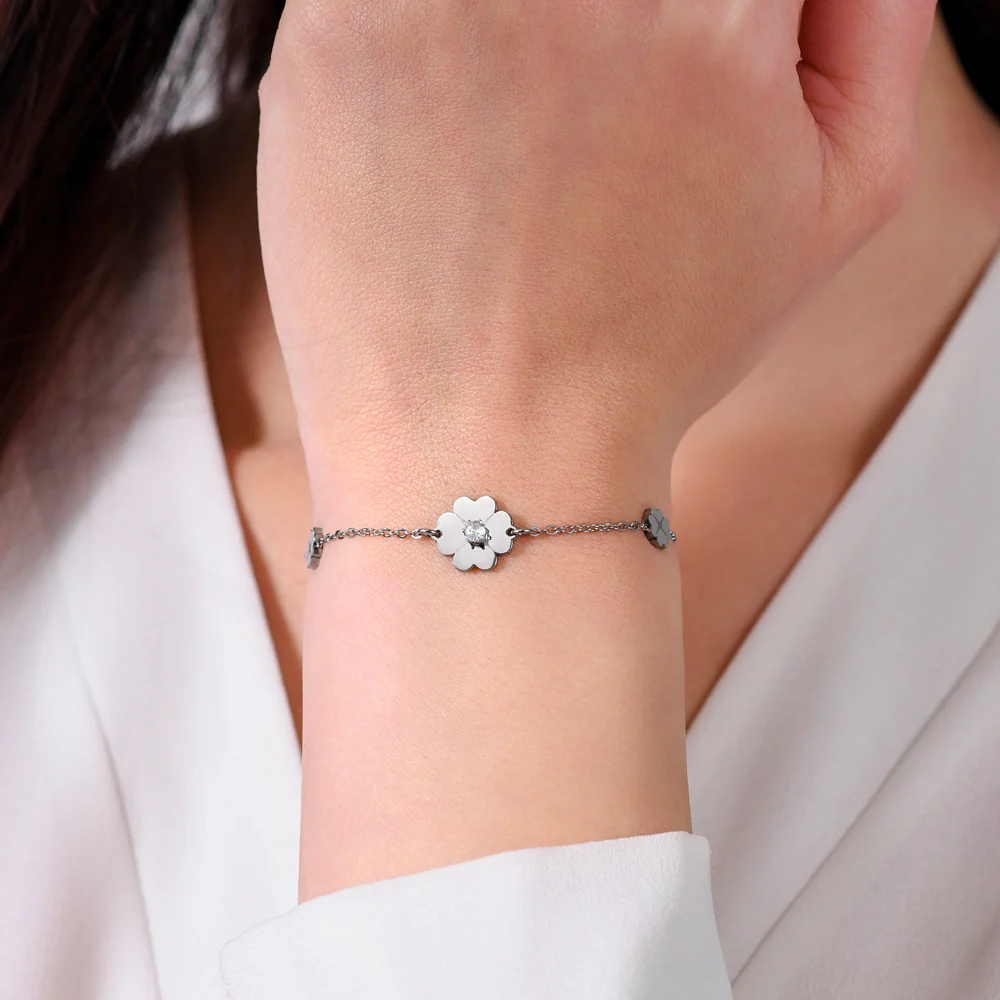 BRACCIALE DONNA IN ACCIAIO QUADRIFOGLI E ZIRCONI - Image 2