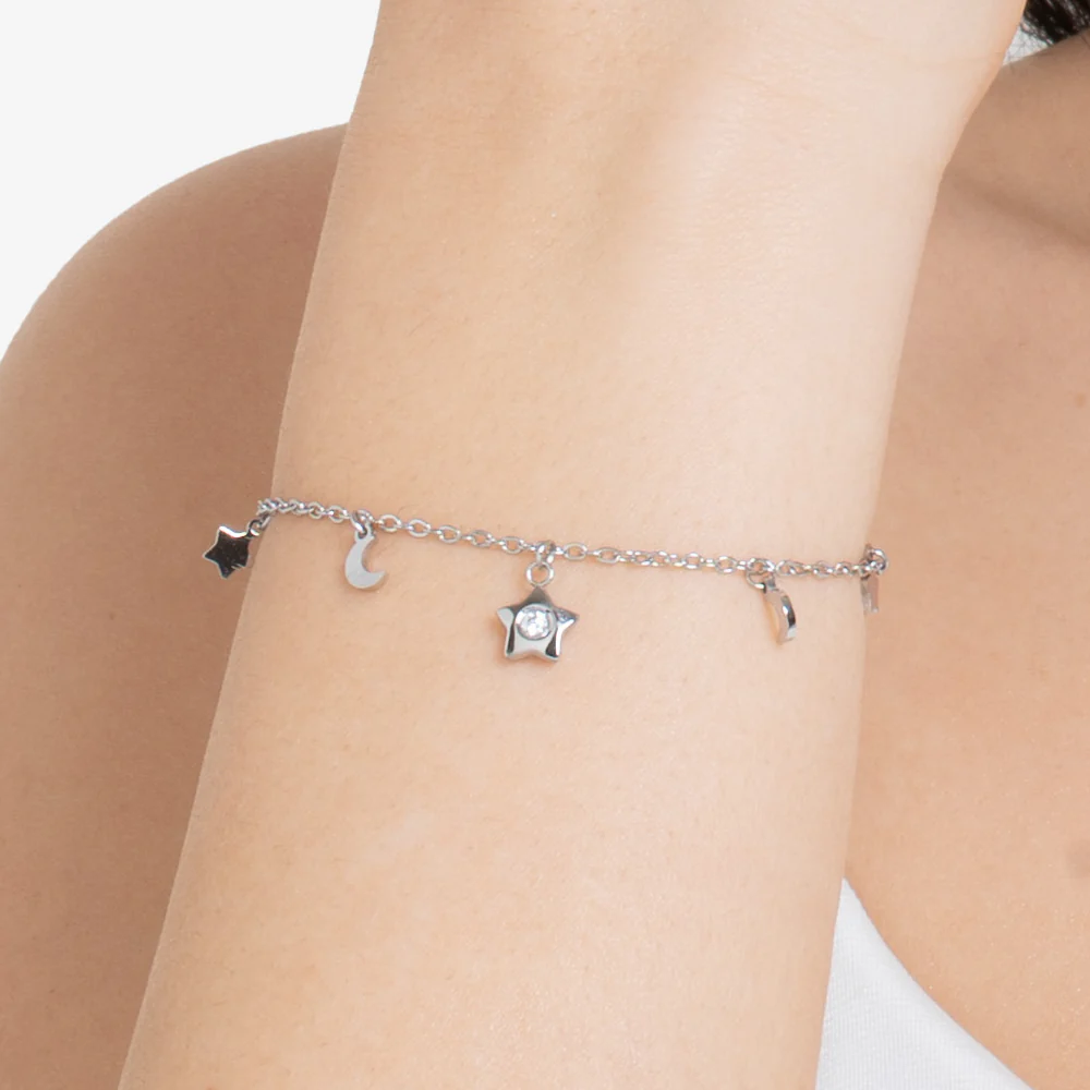 BRACCIALE DONNA IN ACCIAIO, STELLA CON ZIRCONE BIANCO, LUNE E STELLE - Image 2