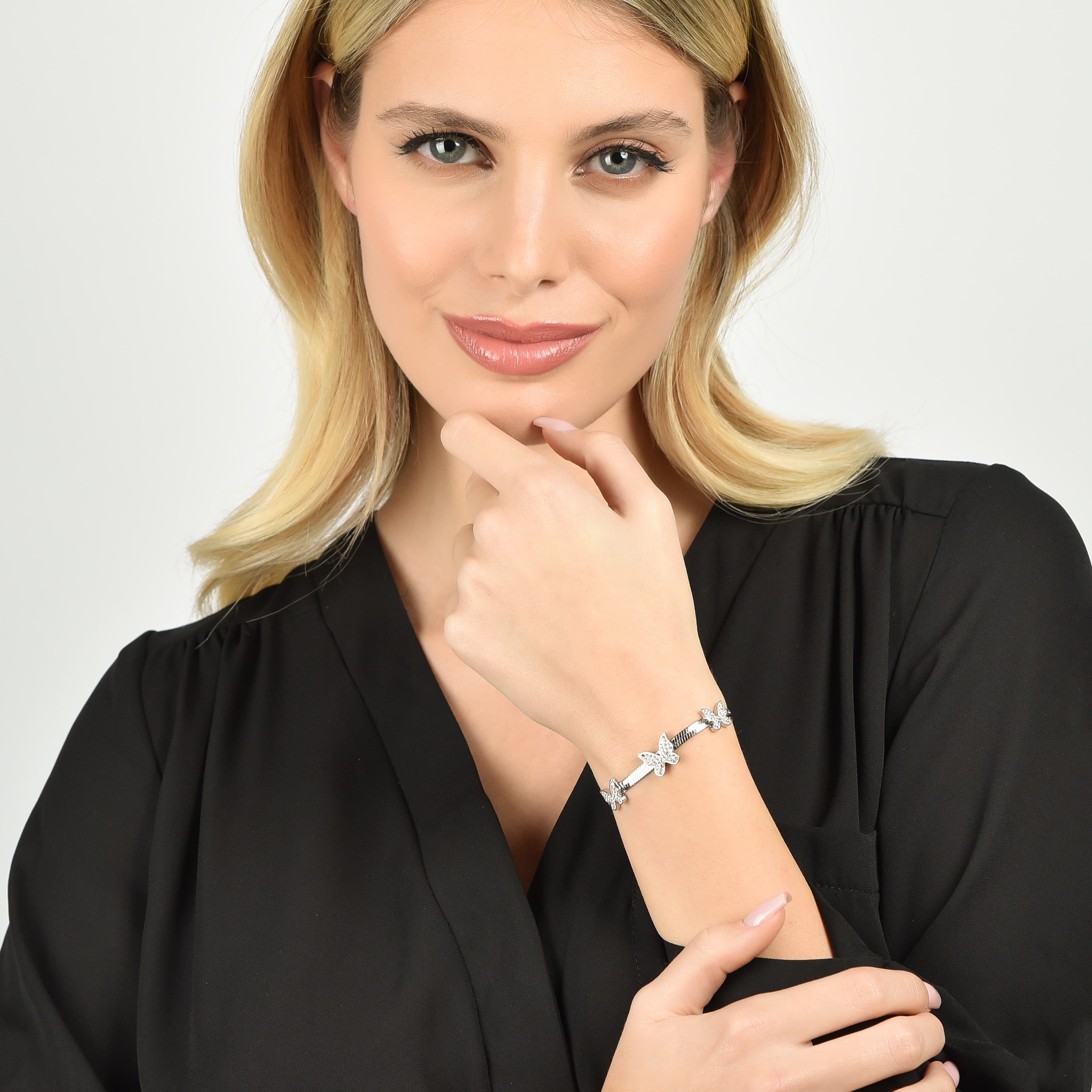 BRACCIALE DONNA SNAKE IN ACCIAIO CON FARFALLE CON CRISTALLI BIANCHI - Image 3
