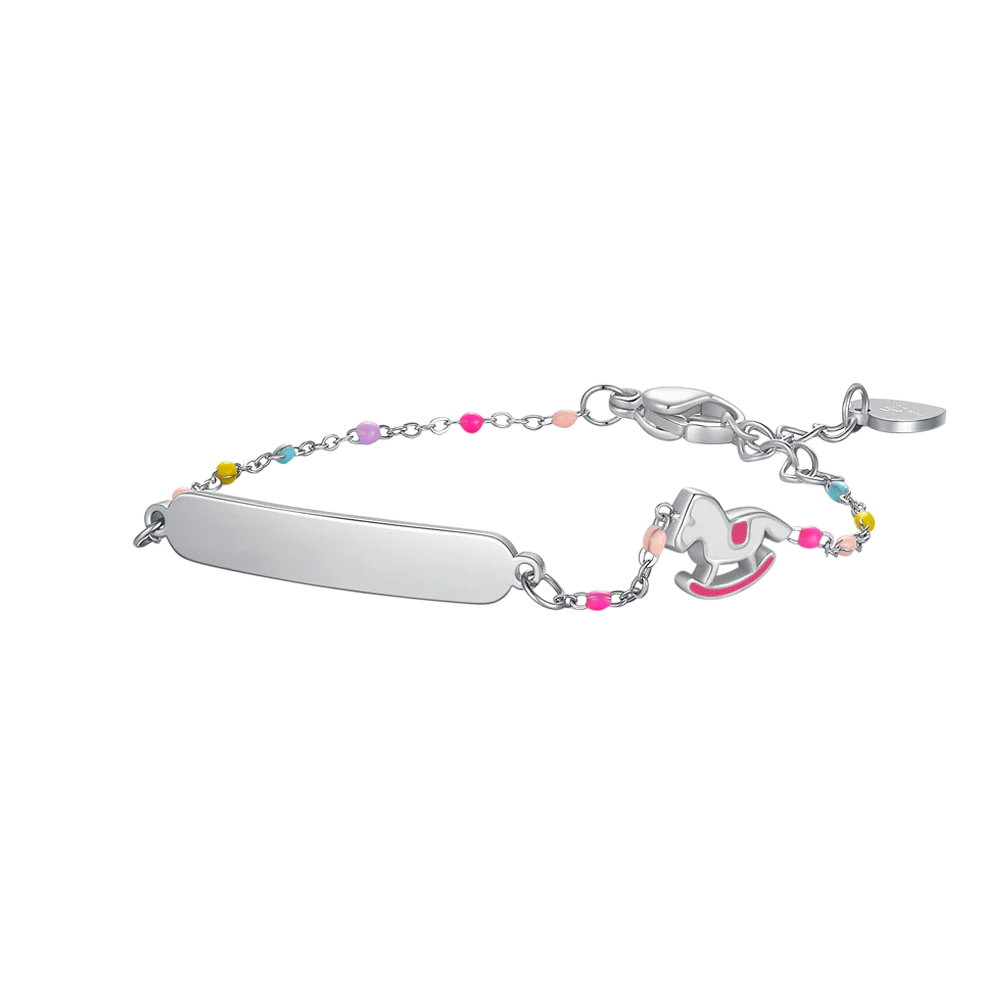 BRACCIALE IN ACCIAIO, CAVALLO A DONDOLO CON SMALTO ROSA E FUCSIA E PIETRE COLOR
