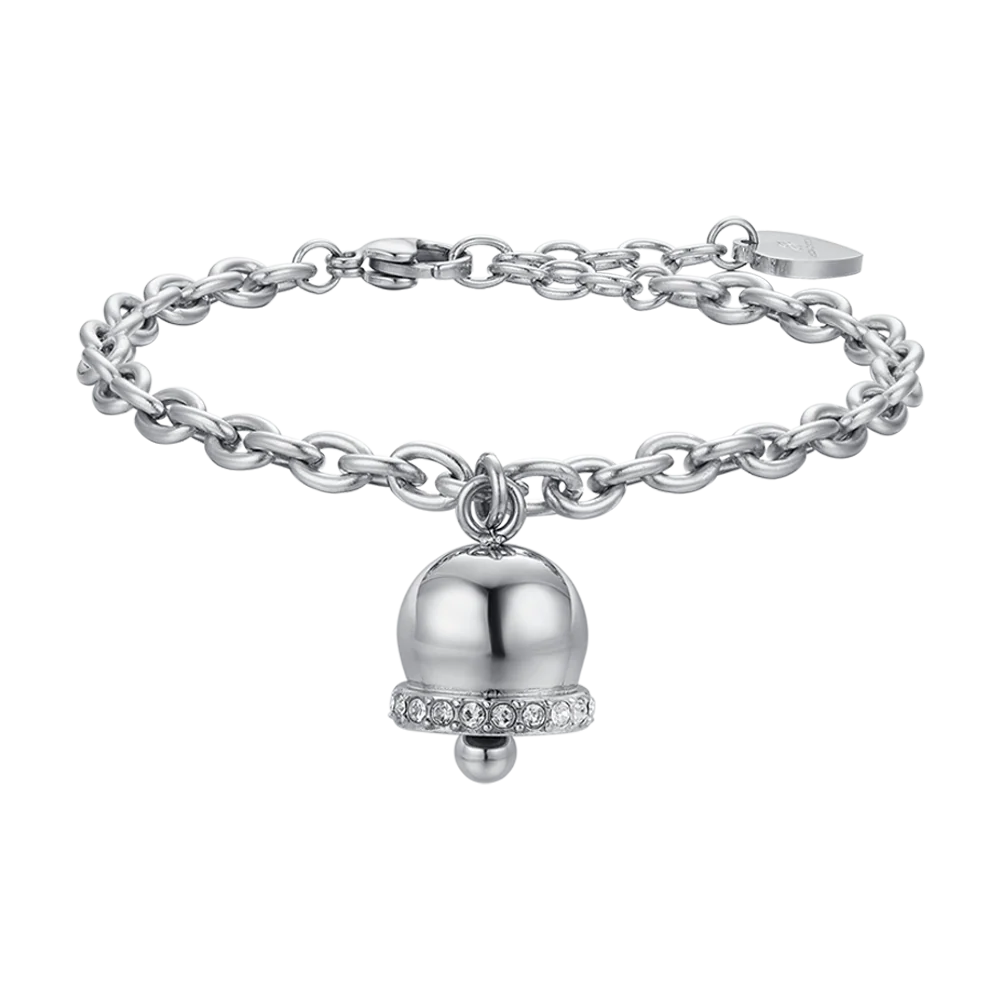 BRACCIALE DONNA IN ACCIAIO CON CAMPANELLA CON CRISTALLI BIANCHI