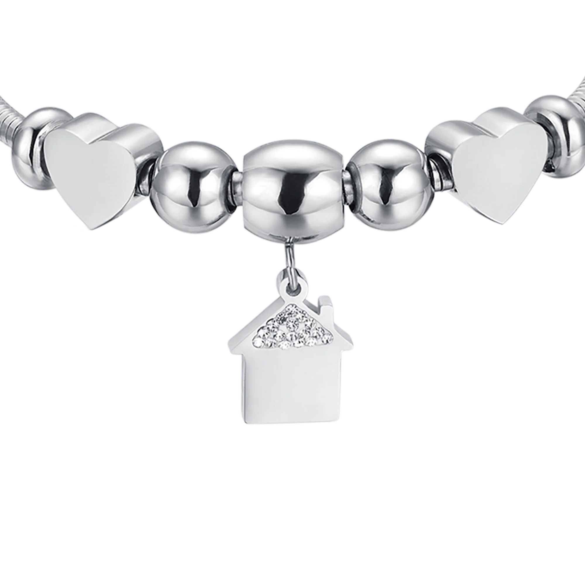 BRACCIALE IN ACCIAIO CON CASA CON CRISTALLI BIANCHI E CUORI ACCIAIO - Image 2