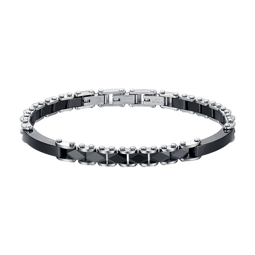 BRACCIALE UOMO IN ACCIAIO CON ELEMENTI IN CERAMICA NERA