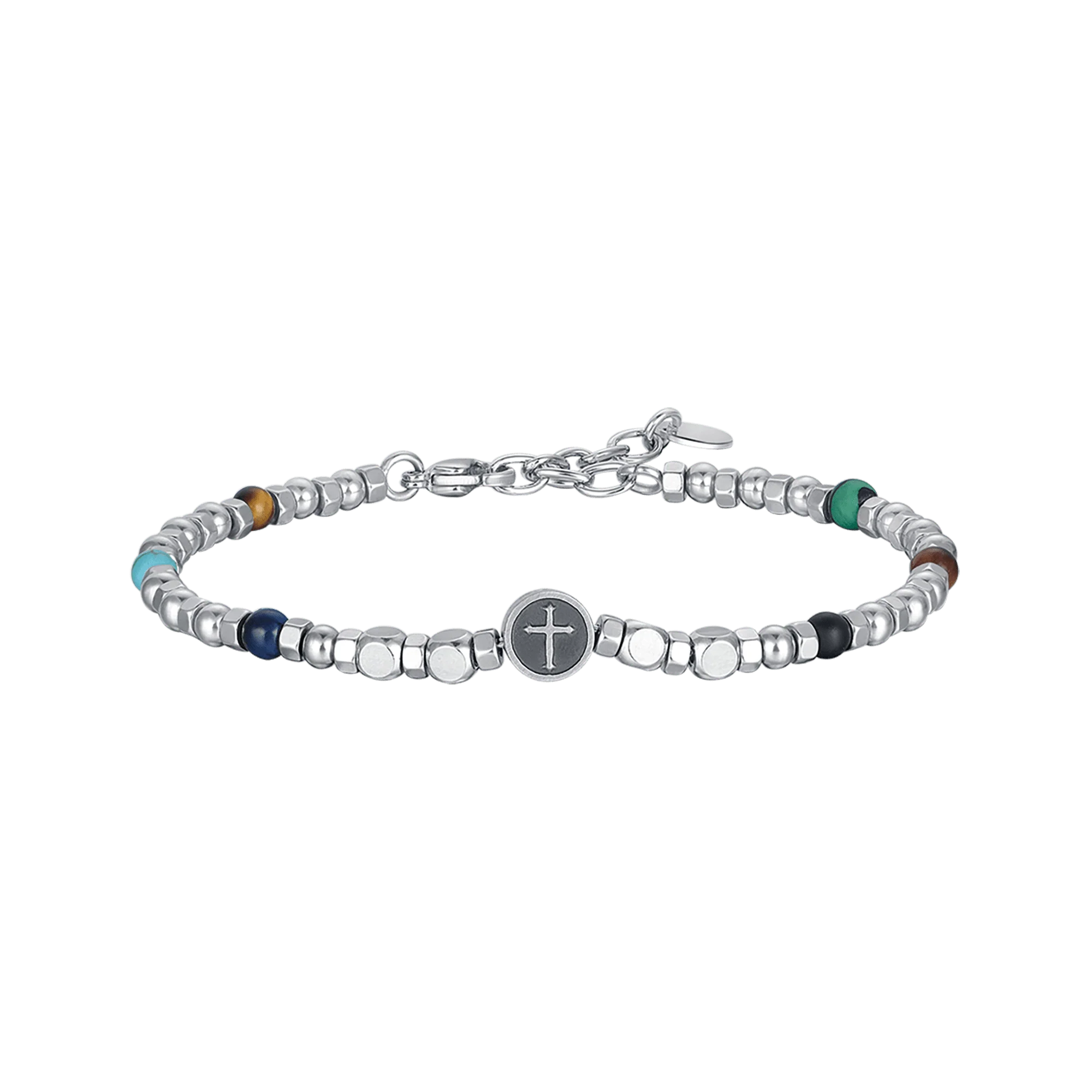 BRACCIALE UOMO IN ACCIAIO CON PIETRE COLORATE E CROCE