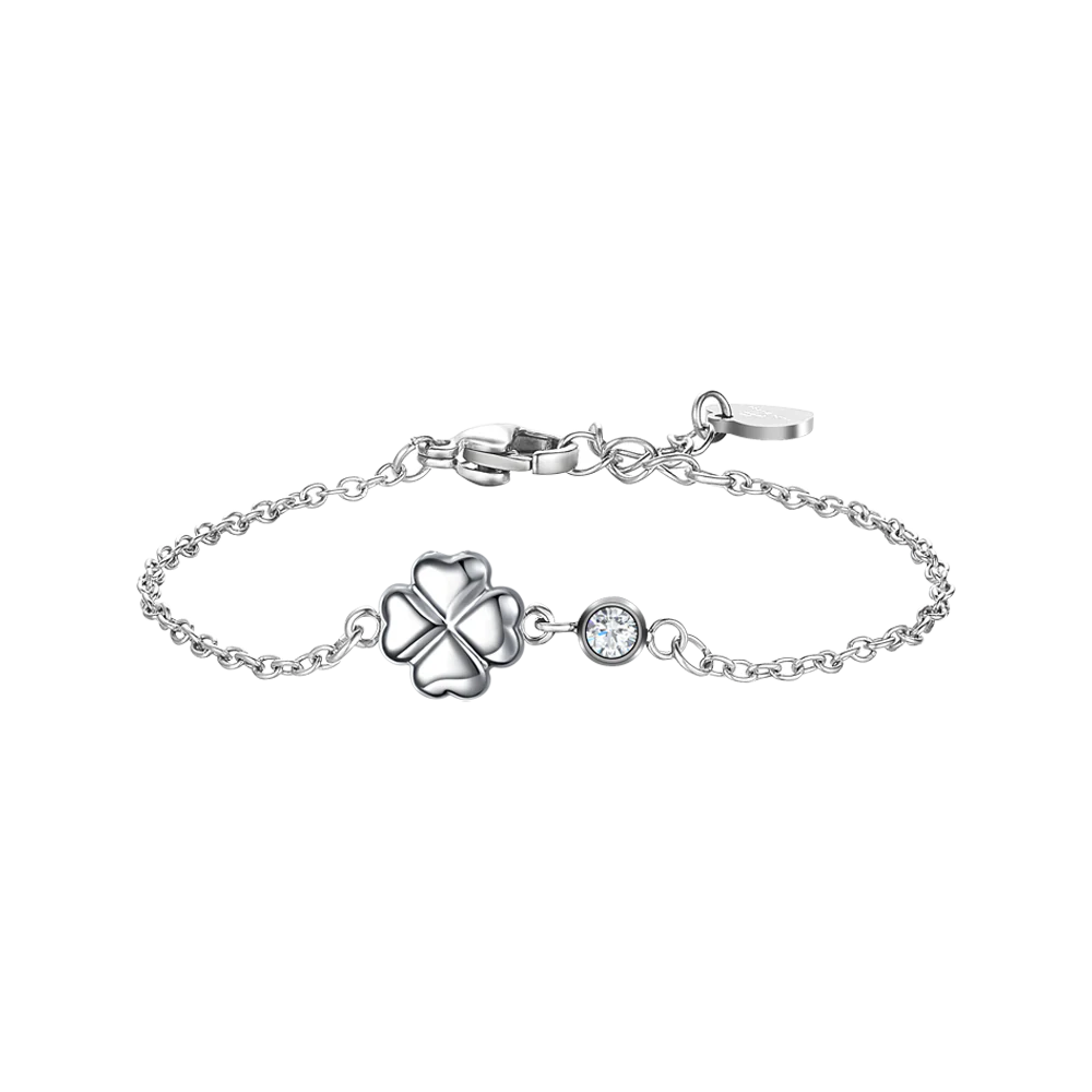BRACCIALE IN ACCIAIO CON QUADRIFOGLIO E CRISTALLO BIANCO