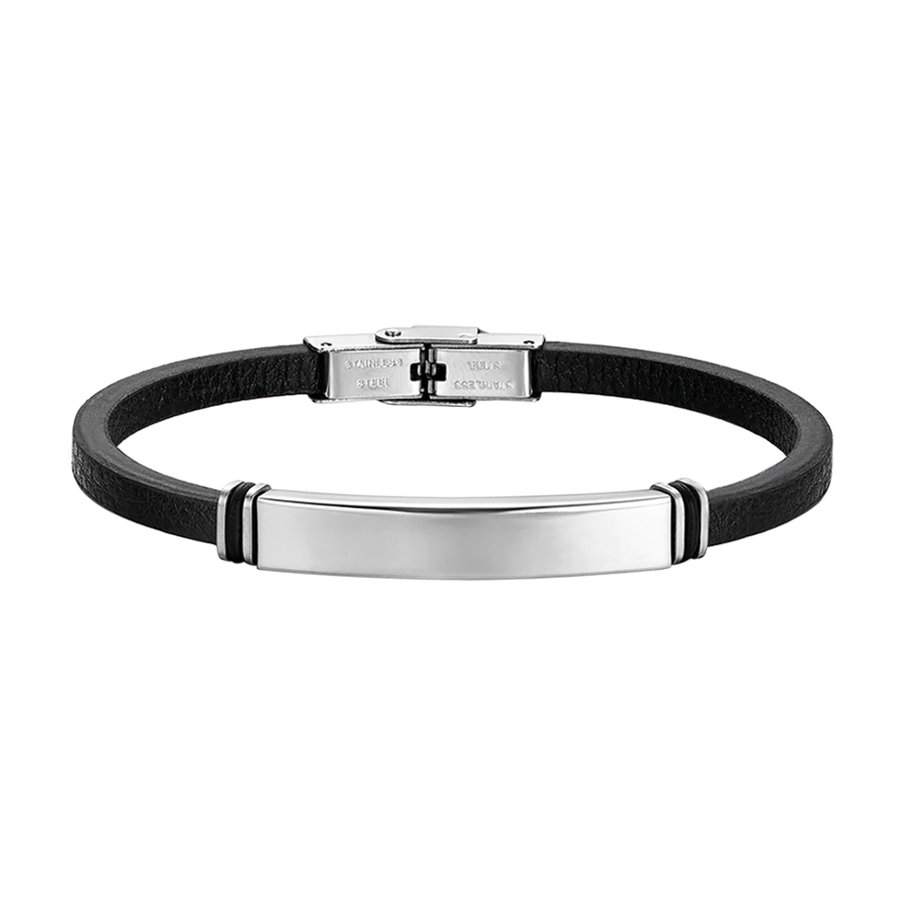 BRACCIALE UOMO IN CUOIO NERO CON PIASTRA IN ACCIAIO