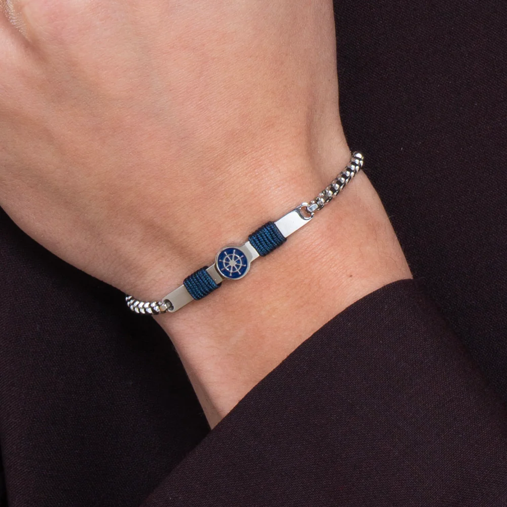 BRACCIALE IN ACCIAIO, PIASTRA CON SMALTO BLU E TIMONE E CORDA BLU - Image 2