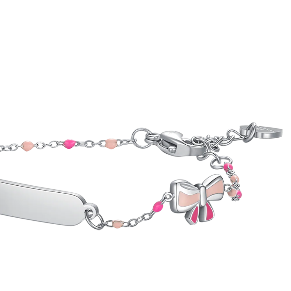 BRACCIALE IN ACCIAIO, PIASTRA E FIOCCO CON SMALTO ROSA E FUSCIA E PIETRE COLORAT - Image 3