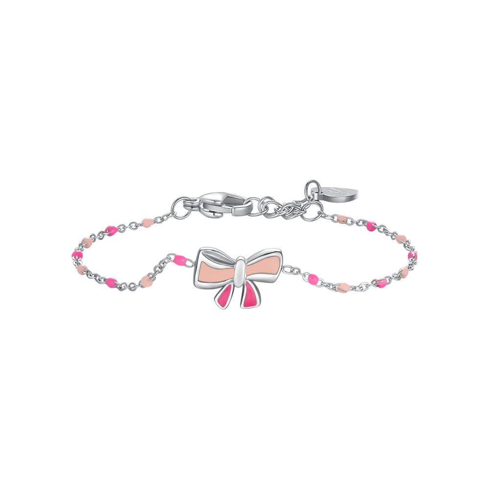 BRACCIALE IN ACCIAO, FIOCCO CON SMALTO ROSA E FUCSIA E PIETRE COLORATE