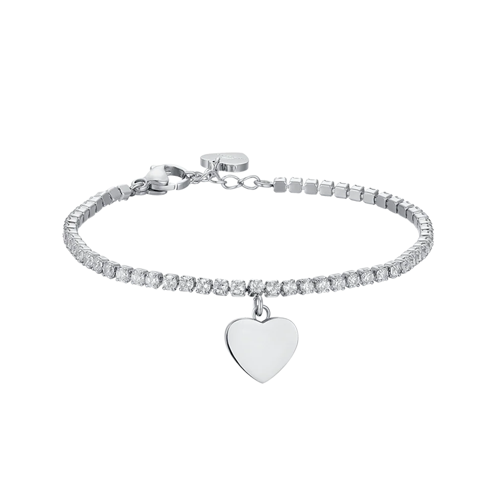 BRACCIALE TENNIS BAMBINA IN ACCIAIO CON CRISTALLI BIANCHI E CUORE
