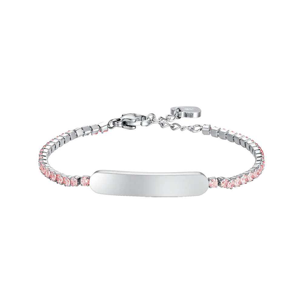 BRACCIALE TENNIS BAMBINA IN ACCIAIO CON CRISTALLI ROSA E PIASTRA