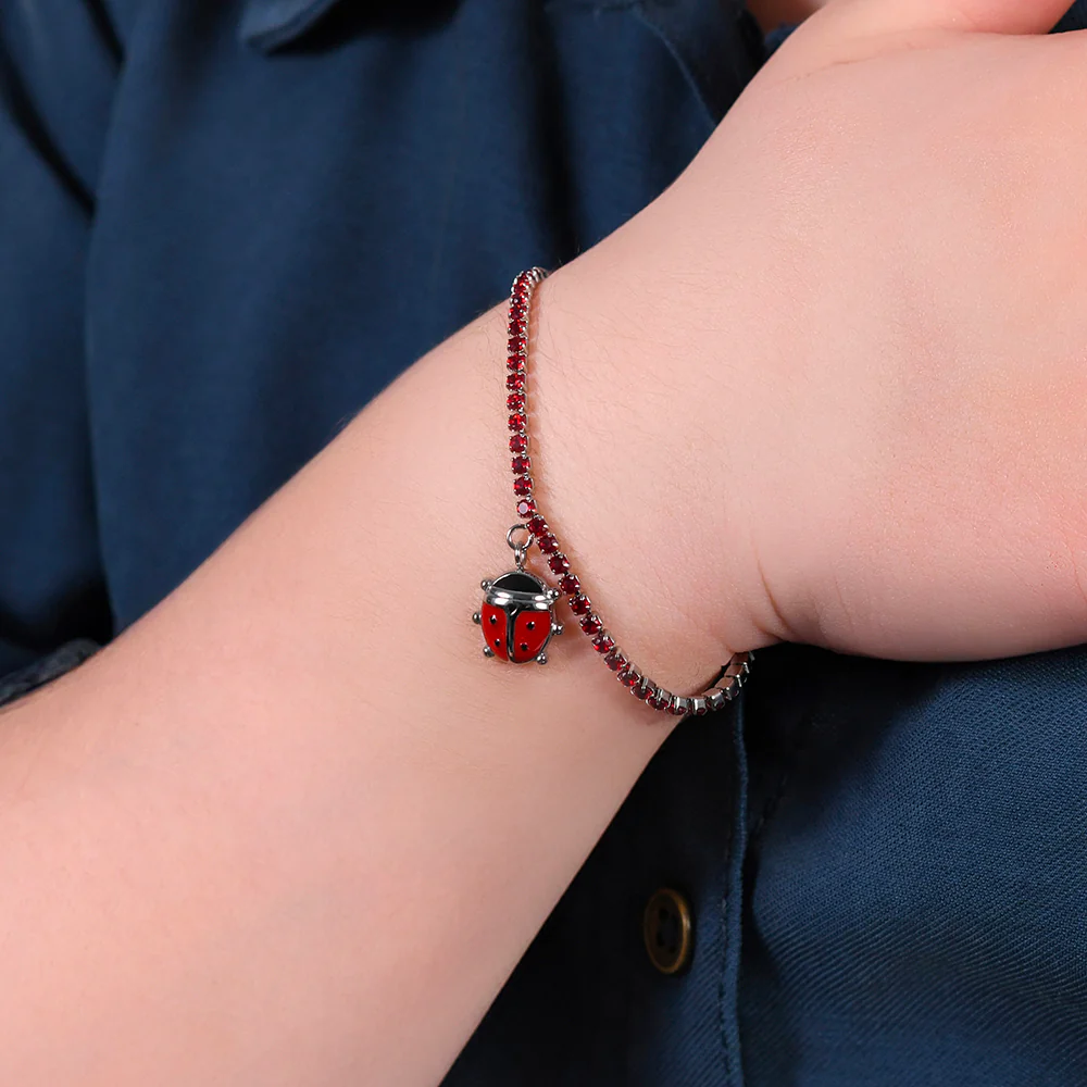 BRACCIALE TENNIS BAMBINA IN ACCIAIO CON CRISTALLI ROSSI E COCCINELLA - Image 2
