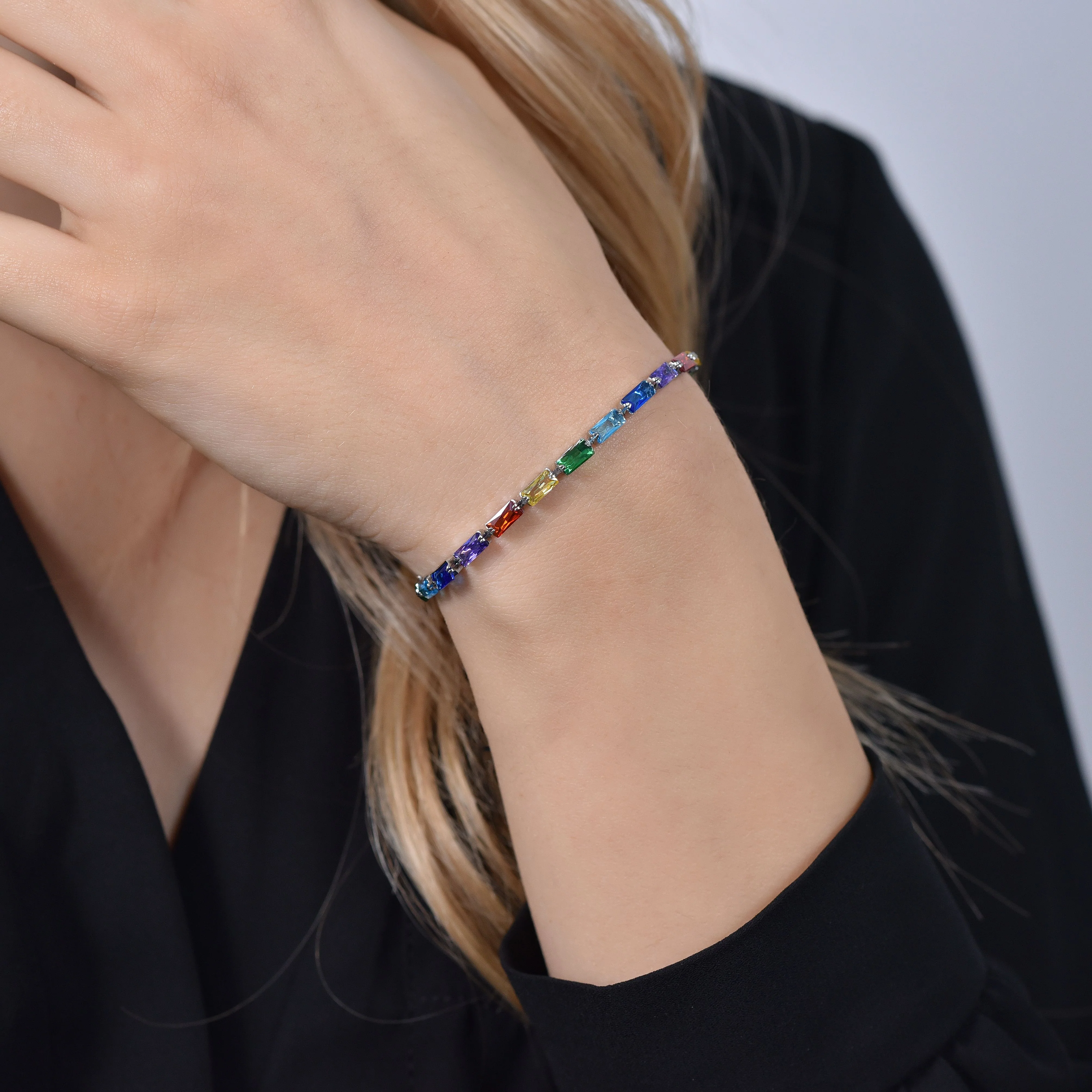 BRACCIALE TENNIS DONNA ZIRCONI BAGUETTE MULTICOLOR - Image 2
