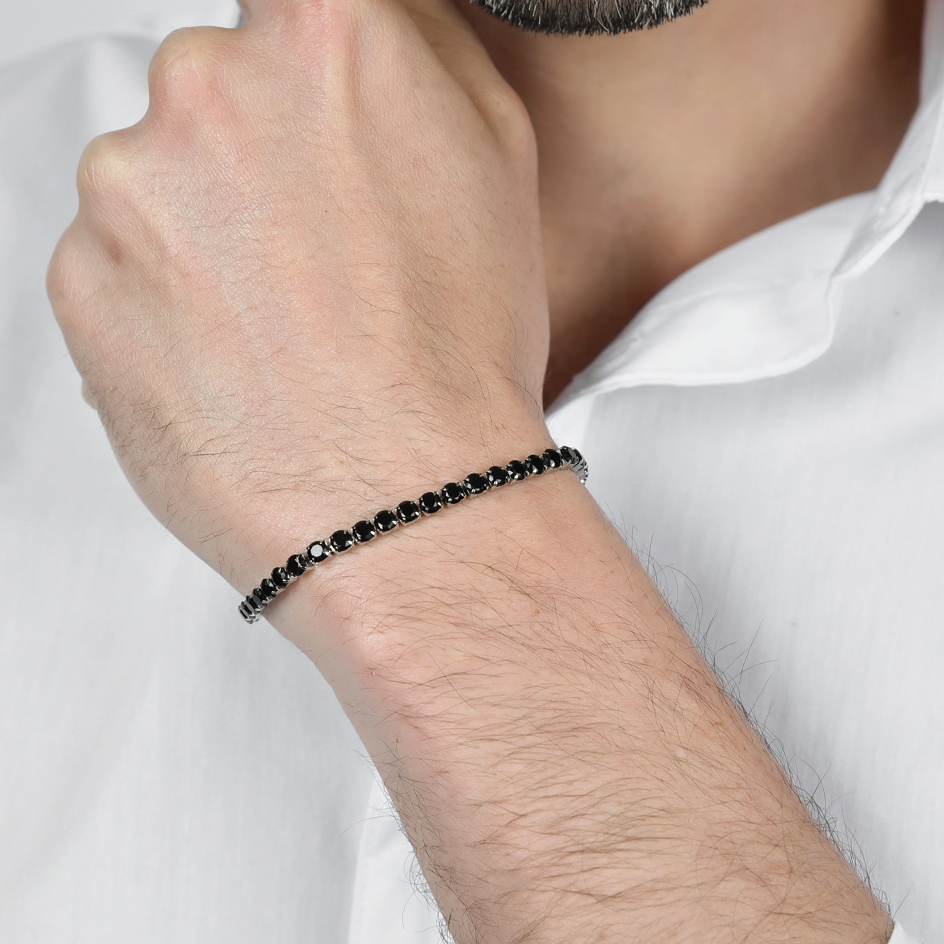 BRACCIALE TENNIS UOMO IN ACCIAIO CON CRISTALLI NERI - Image 2