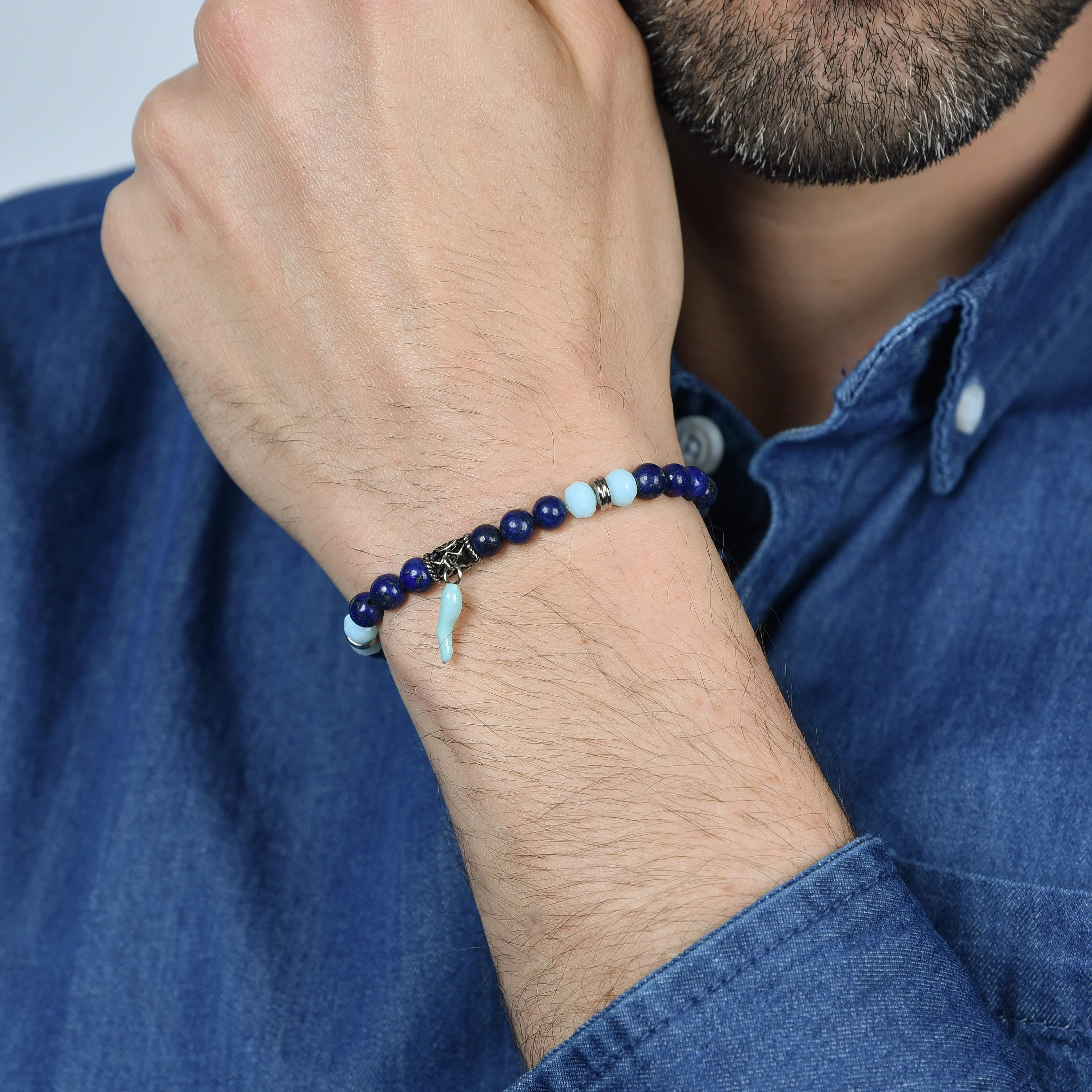 BRACCIALE UOMO ELASTICO CON PIETRE BLU E VERDI E CORNO TURCHESE - Image 2
