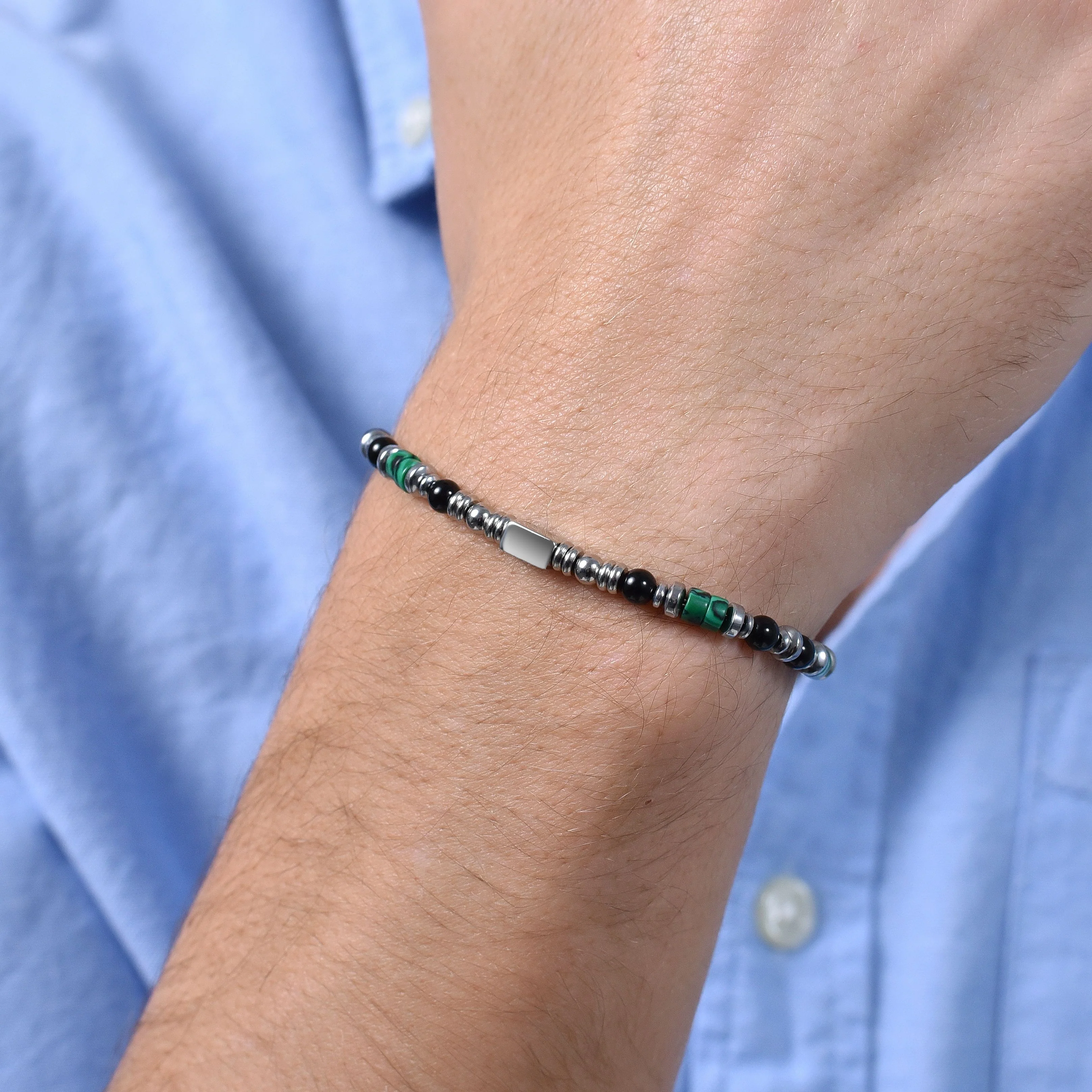 BRACCIALE UOMO IN ACCIAIO CON AGATA NERA E MALACHITE VERDE - Image 2